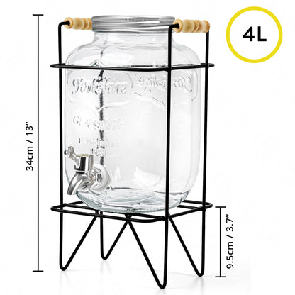 ABOUT SPACE 4 Litre Glass Water Dispenser with Stand - Air Tight Lid Glass Pitcher for Detox Water - Mason Jar - Counter Table Top Juice Infused Water Beer Dispenser for Home Restaurant Party