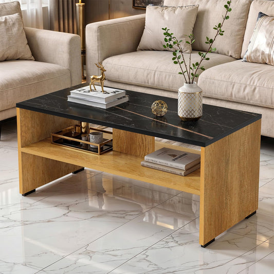 ABOUT SPACE Coffee Table - Center Table for Living Room with 2 Open Compartments, Engineered Wood Tea Table with Storage Teapoy Table for Living Room (CM Oak & Black Marble - L 90 x B 40 x H 40 cm)