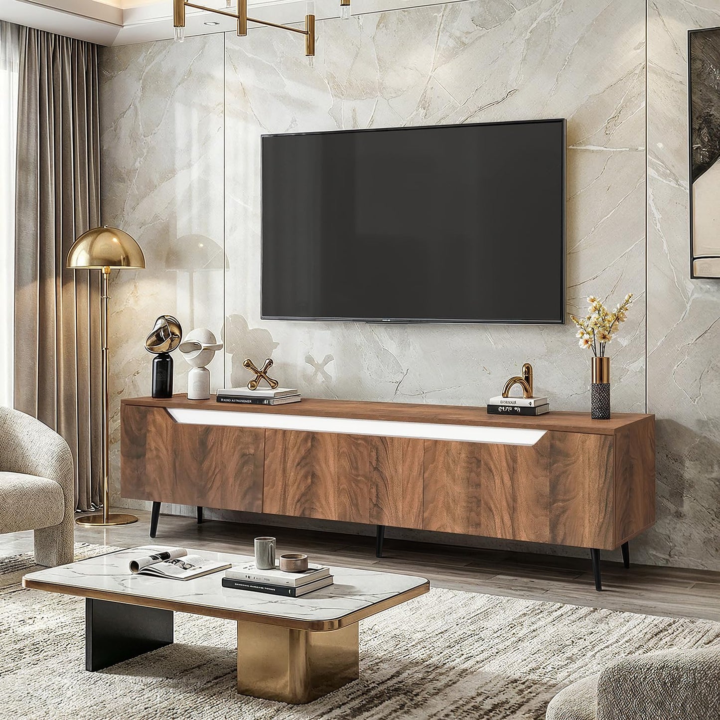 ABOUT SPACE TV Unit - Engineered Wooden TV Stand Table Cabinet with Drop Down Doors, Cable Hole for Set Top Box WiFi Router Stand for Living Room, Bedroom (White & Walnut- L 180 x B 37 x H 48 cm)