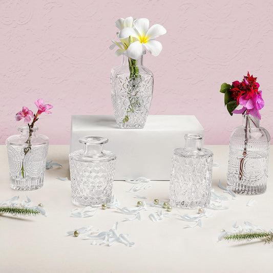 ABOUT SPACE Glass Bud Flower Vase – Pack of 5 Clear Glass Centrepiece for Mini Flowers-Sturdy Textured Scratch Free Antique Collections for Wedding Decorations & Table Top Decor for Home,Restaurants