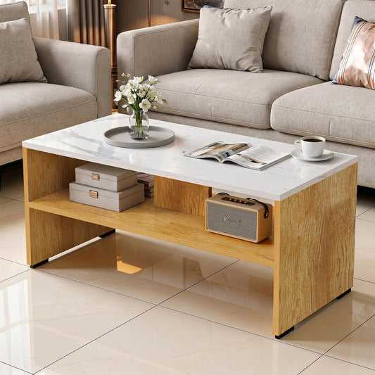 ABOUT SPACE Coffee Table - Center Table for Living Room with 2 Open Compartments, Engineered Wood Tea Table with Storage Teapoy Table for Living Room (CM Oak & White Marble - L 90 x B 40 x H 40 cm)
