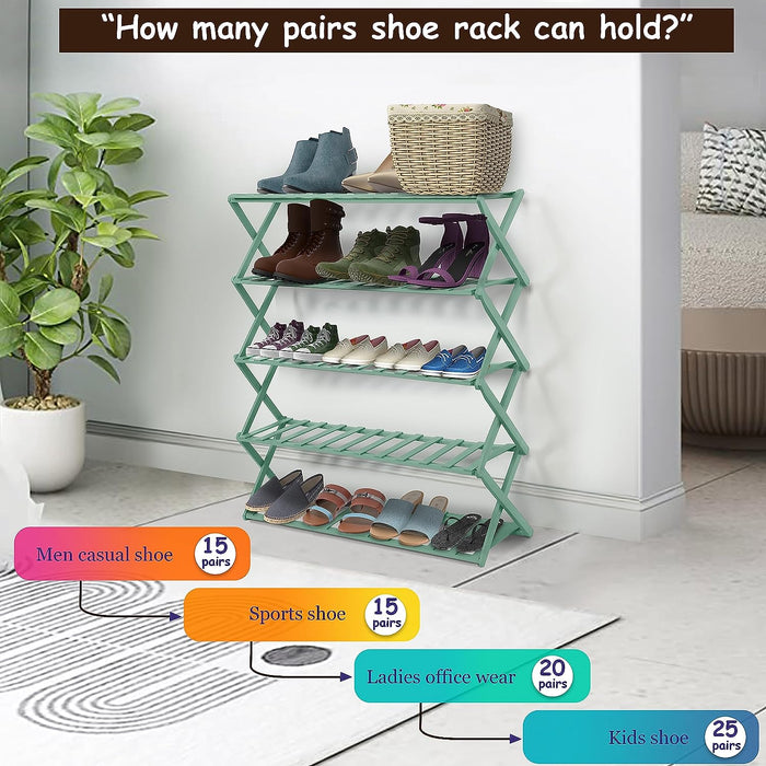 ABOUT SPACE 5 Tier Foldable Shoe Rack for Home - 3 Feet Multipurpose Bamboo Shoe Stand - Space Saving Collapsible Footwear Stand for Indoor & Outdoor - Shoe/Chappal Storage Rack Organizer (Green)