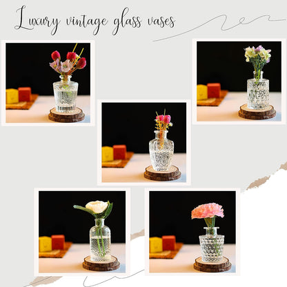 ABOUT SPACE Glass Bud Flower Vase – Pack of 5 Clear Glass Centrepiece for Mini Flowers-Sturdy Textured Scratch Free Antique Collections for Wedding Decorations & Table Top Decor for Home,Restaurants