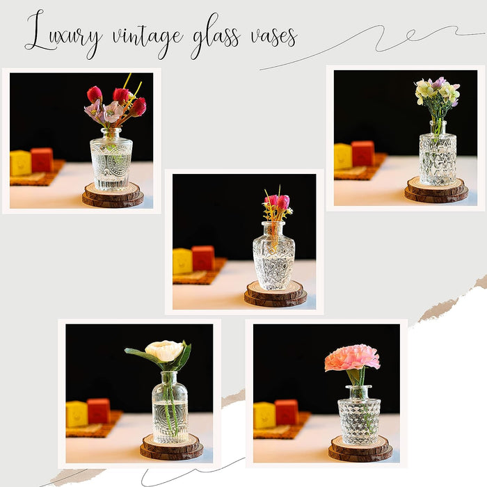 ABOUT SPACE Glass Bud Flower Vase – Pack of 5 Clear Glass Centrepiece for Mini Flowers-Sturdy Textured Scratch Free Antique Collections for Wedding Decorations & Table Top Decor for Home,Restaurants