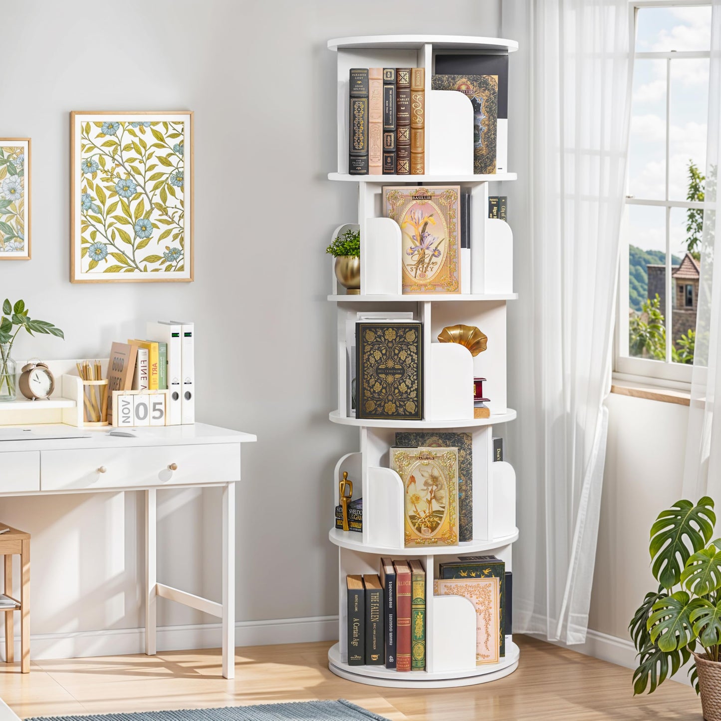 ABOUT SPACE Rotating Book Shelf for Home Library - 5 Tier 360° Book Rack | Wooden Round Bookstand with Partition, Curved Edges, Bottom Turnplate for Office Livingroom (White - L 46 x B 46 x H 160 cm)