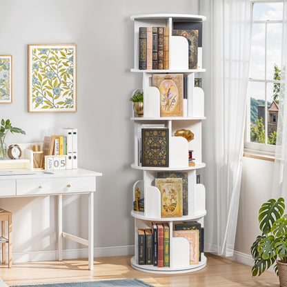 ABOUT SPACE Rotating Book Shelf for Home Library - 5 Tier 360° Book Rack | Wooden Round Bookstand with Partition, Curved Edges, Bottom Turnplate for Office Livingroom (White - L 46 x B 46 x H 160 cm)