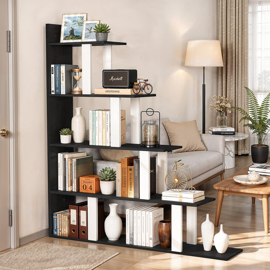 ABOUT SPACE Book Shelf - 5 Tier L-Shaped Unique Step Pattern Book Stand for Home Library, Office Engineered Wood Unit for Bedroom, Living Room (L 100 x B 25 x H 151.5 cm - White & Black Mahogany)