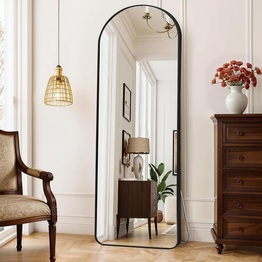 ABOUT SPACE Cheval Mirror for Wall - 5 Feet Unbreakable Arch Mirror for Bedroom | Full Length Tempered Glass with Stand, Frame Aluminium Alloy Vertical Hanging Display for Living Room, Bedroom - Black