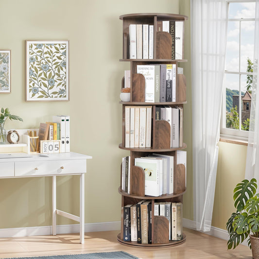 ABOUT SPACE Rotating Book Shelf for Home Library - 5 Tier 360° Book Rack | Wooden Round Bookstand with Partition, Curved Edges, Bottom Turnplate for Office Livingroom (Walnut - L 46 x B 46 x H 160 cm)