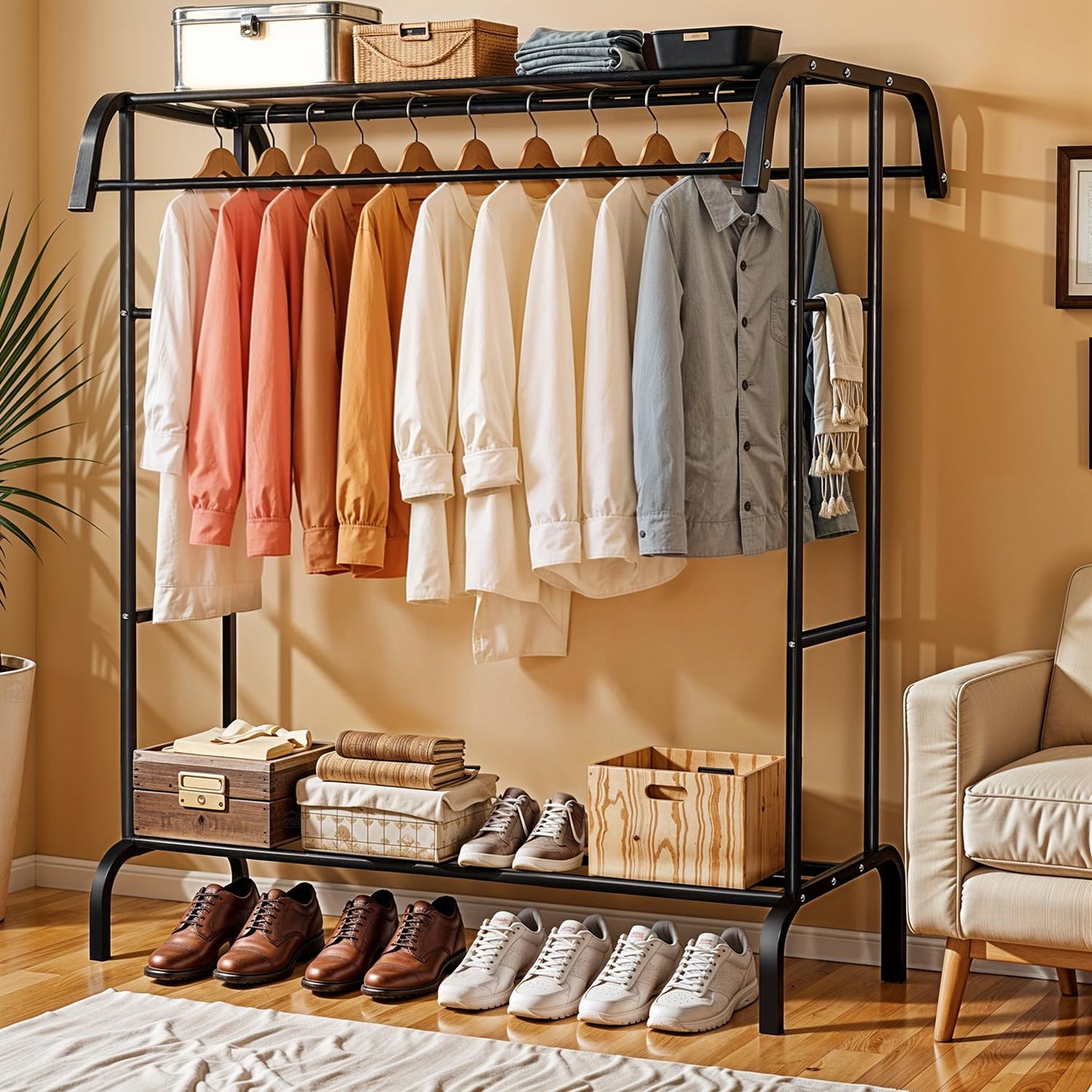 ABOUT SPACE Double Pole Double Bars Cloth Stand - Freestanding Metal Garment Rack with Sturdy Top & Bottom Storage for Shirt Blazer Kurti for Home Bedroom Living Room (Black L109 x B 54.5 x H 148 cm)