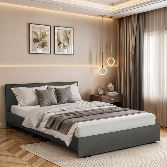 ABOUT SPACE Bed - (80 x 62 inches) Queen Size Bed with Storage Box, Headboard| Engineered Wooden Bed Frame with Airflow Design MDF Base Panel| 1-Year Warranty Cot for Bedroom - Brila Weave(Linen Grey)