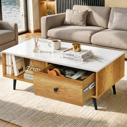ABOUT SPACE Coffee Table - Center Table for Living Room with Drawer & Storage Compartment, Engineered Wood Rectangle Teapoy with Tapered Legs for Hall -(CM Oak & White Marble L 100.5x B 48.5x H 38 cm)