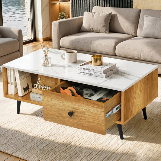 ABOUT SPACE Coffee Table - Center Table for Living Room with Drawer & Storage Compartment, Engineered Wood Rectangle Teapoy with Tapered Legs for Hall -(CM Oak & White Marble L 100.5x B 48.5x H 38 cm)