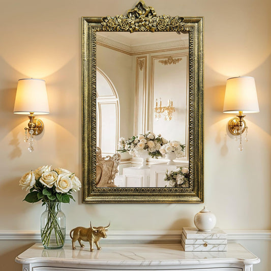 ABOUT SPACE Antique Wall Mirror - MDF Frame Mirror for Bathroom Wall with Ornate Design Rectangle Shape Vintage Wall Mount Decor for Bathroom, Bedroom, Vanity, Foyer (Black, Gold - H 65 x W 40 cm)
