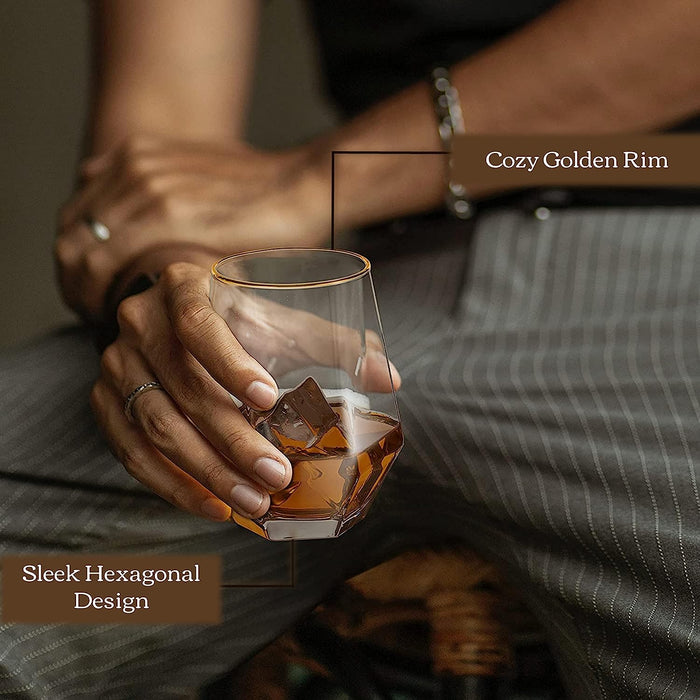 ABOUT SPACE Whisky Glass (Set of 6) - 300ml Hexagon Cut Stemless Drinking Glasses with Golden Rim for Liquor, Wine, Cocktail Drinks - Transparent Modern Cocktail, Mocktail Tumblers Glassware