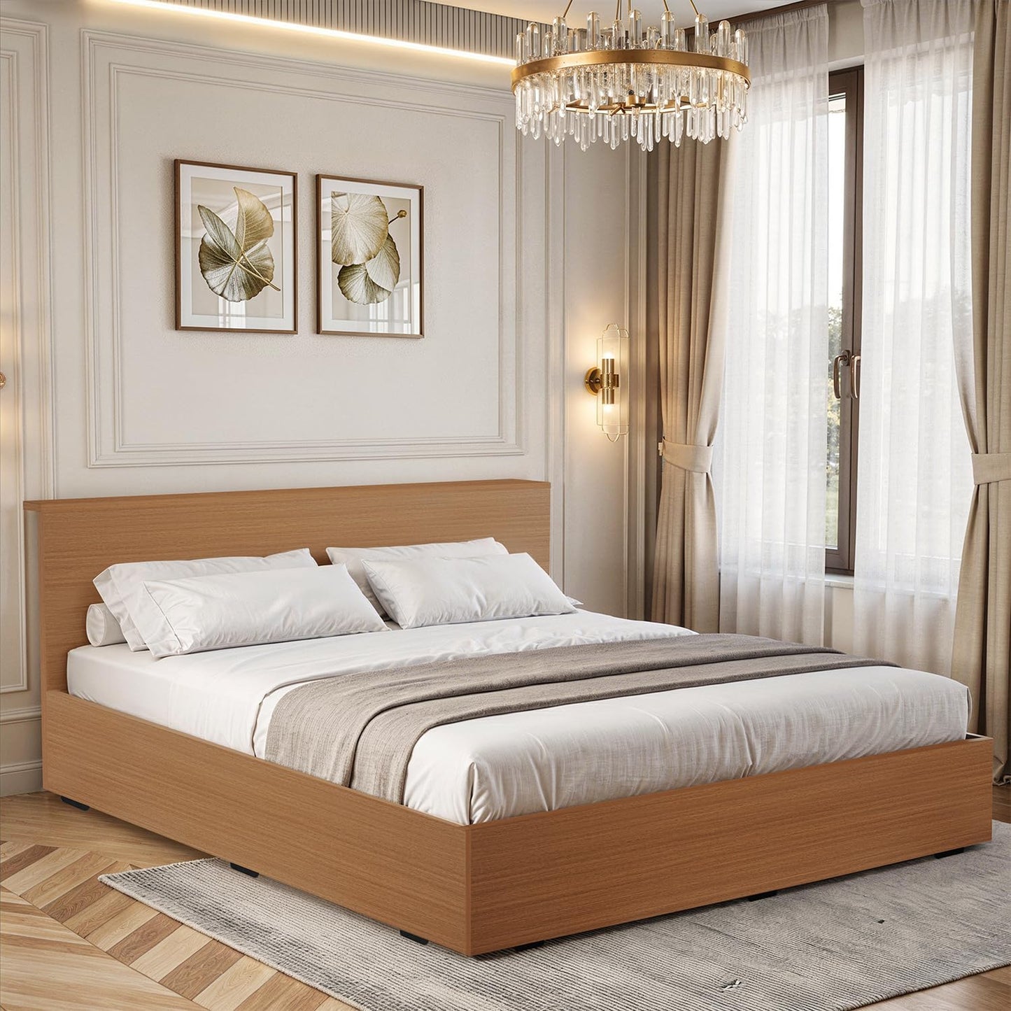 ABOUT SPACE Bed - (84 x 74 inches) King Size Bed with Storage Box & Headboard| Floor Standing Engineered Wooden Bed Frame, MDF Base Panel | 1-Year Warranty Cot for Bedroom - Golden Teak