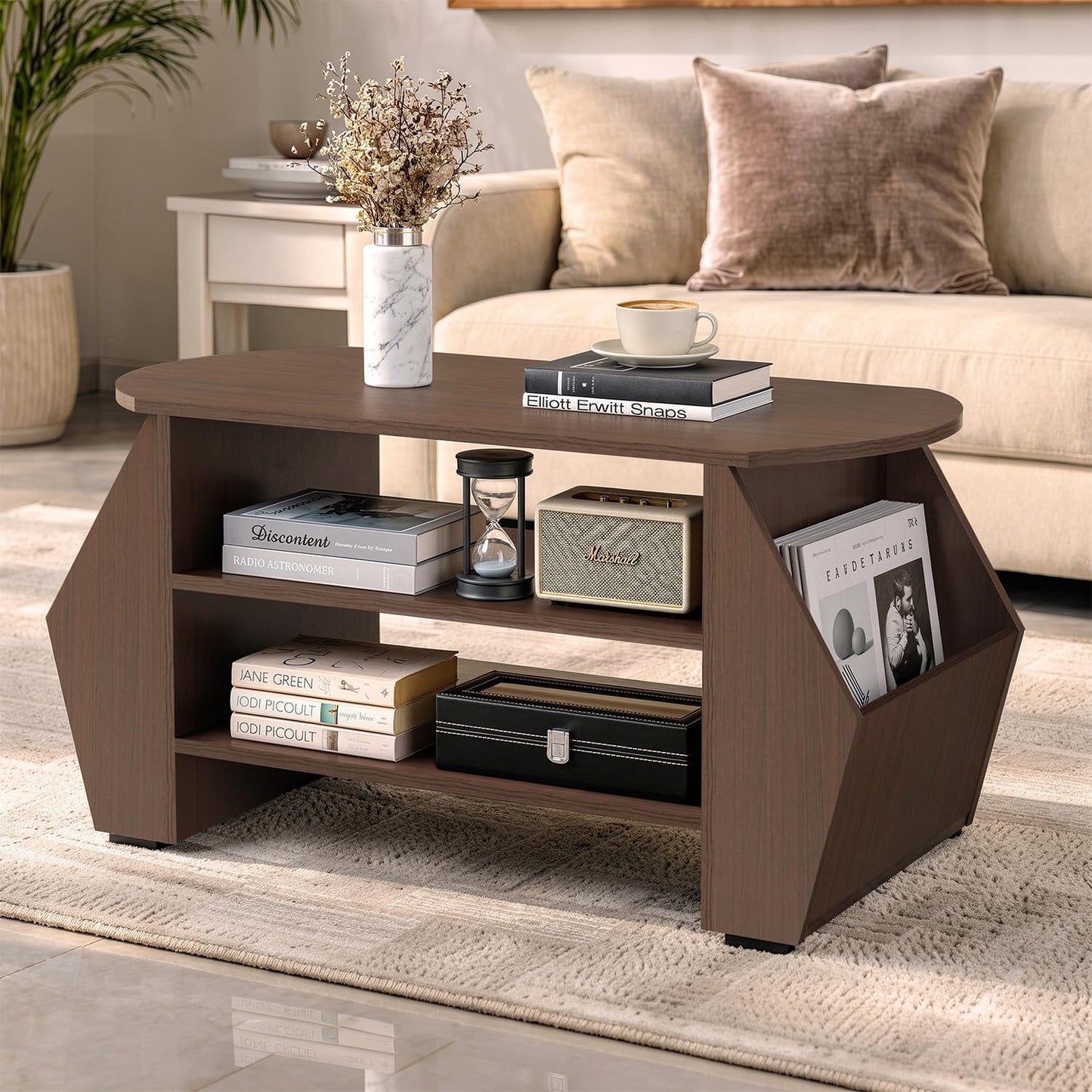 B0GXVZ1TFF ABOUT SPACE Coffee Table - Center Table for Living Room with 2 Magazine Racks & 2 Tier Storage, Engineered Wood Teapoy for Hall Lounge Office -(Smoked Teak - L 92 x B 46 x H 48.5 cm)