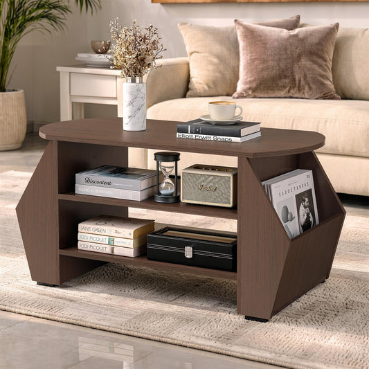 B0GXVZ1TFF ABOUT SPACE Coffee Table - Center Table for Living Room with 2 Magazine Racks & 2 Tier Storage, Engineered Wood Teapoy for Hall Lounge Office -(Smoked Teak - L 92 x B 46 x H 48.5 cm)