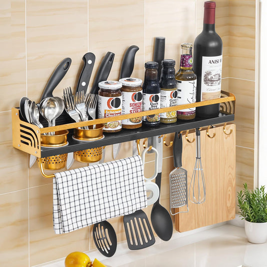 ABOUT SPACE Kitchen Organizer Rack - Wall Mount Aluminium Wall Hanging Shelves - Hooks for Ladles Spoons Pans Cutlery Spice Organiser with Towel & Knife Holder( Black, Gold- L 57.5 x B 12 x H 16 cm)