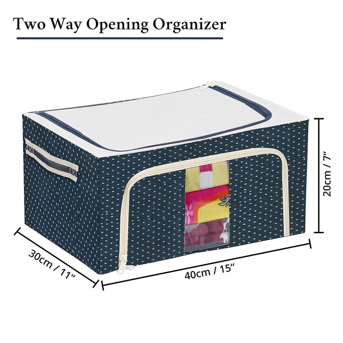 ABOUT SPACE 2 Pack Cloth Storage Box 24 Ltr - Oxford Fabric Clothes Foldable Organiser for Wardrobe with Clear Window - 2 Way Opening Closet Organizer with Handles - Saree Covers/Bags with Zip (Blue)
