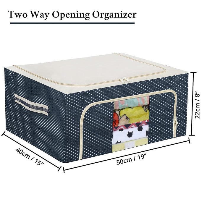 ABOUT SPACE 2 Pack Cloth Storage Box 44 Ltr - Oxford Fabric Clothes Foldable Organiser for Wardrobe with Clear Window - 2 Way Opening Closet Organizer with Handles - Saree Covers/Bags with Zip (Blue)