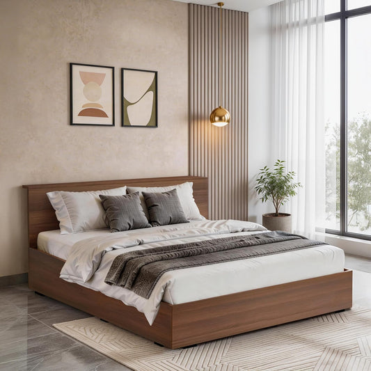 ABOUT SPACE Bed - (84 x 62 inches) Queen Size Bed with Storage Box, Headboard| Floor Standing Engineered Wooden Bed Frame,MDF Base Panel |1-Year Warranty Cot for Bedroom - Maldau Acacia (Rustic Brown)