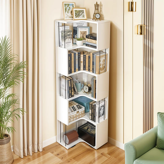 ABOUT SPACE 5ft Book Shelf - L Shape Corner Shelf for Living Room with Curved Edges & Steel Bar | Book Rack for Study Room, Bedroom Home Library Wooden Corner Rack (White -L 46.5 x B 46.5 x H 160cm)
