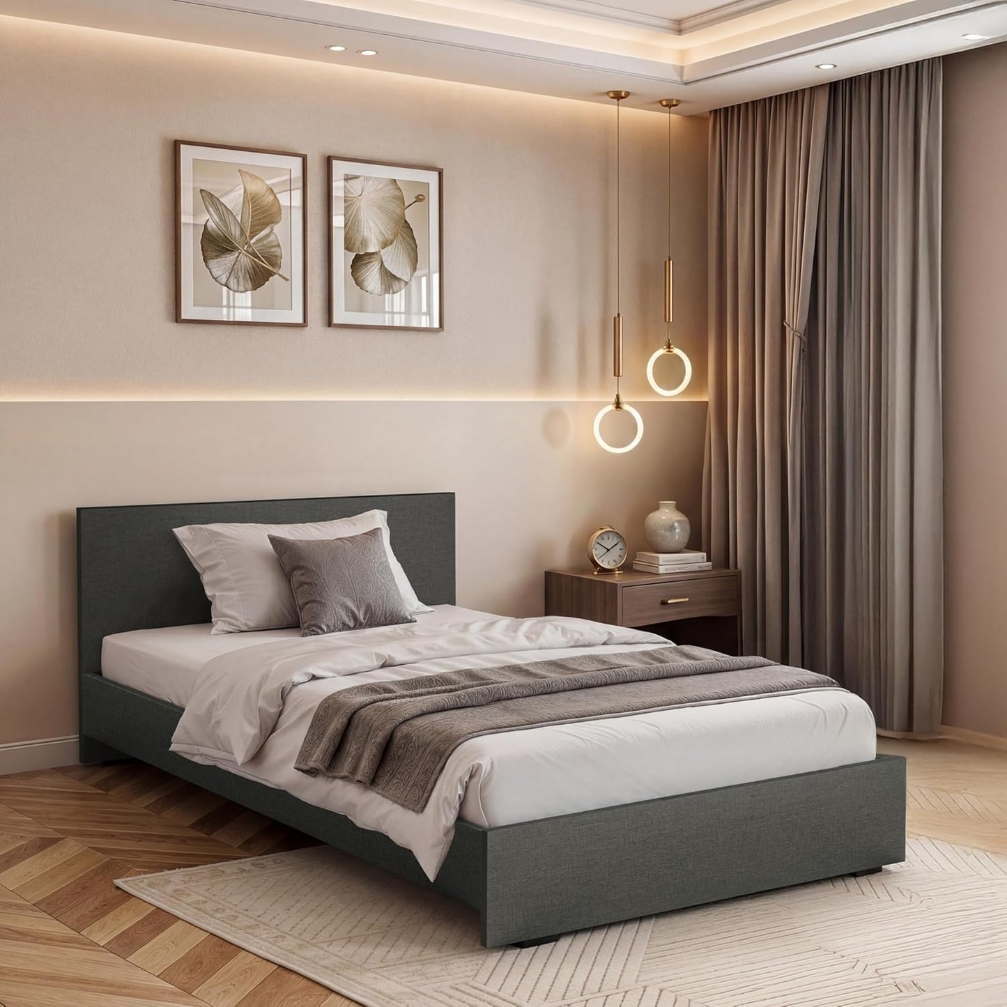ABOUT SPACE Bed - (80 x 38 inches) Single Size Bed with Storage Box, Headboard| Engineered Wooden Bed Frame with Airflow Design MDF Base Panel|1-Year Warranty Cot for Bedroom - Brila Weave(Linen Grey)