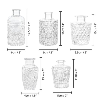 ABOUT SPACE Glass Bud Flower Vase – Pack of 5 Clear Glass Centrepiece for Mini Flowers-Sturdy Textured Scratch Free Antique Collections for Wedding Decorations & Table Top Decor for Home,Restaurants