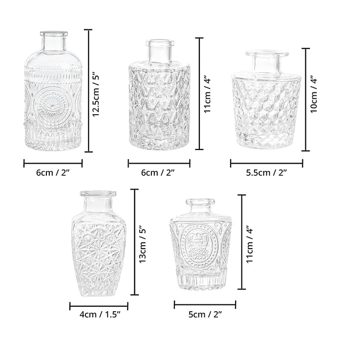 ABOUT SPACE Glass Bud Flower Vase – Pack of 5 Clear Glass Centrepiece for Mini Flowers-Sturdy Textured Scratch Free Antique Collections for Wedding Decorations & Table Top Decor for Home,Restaurants