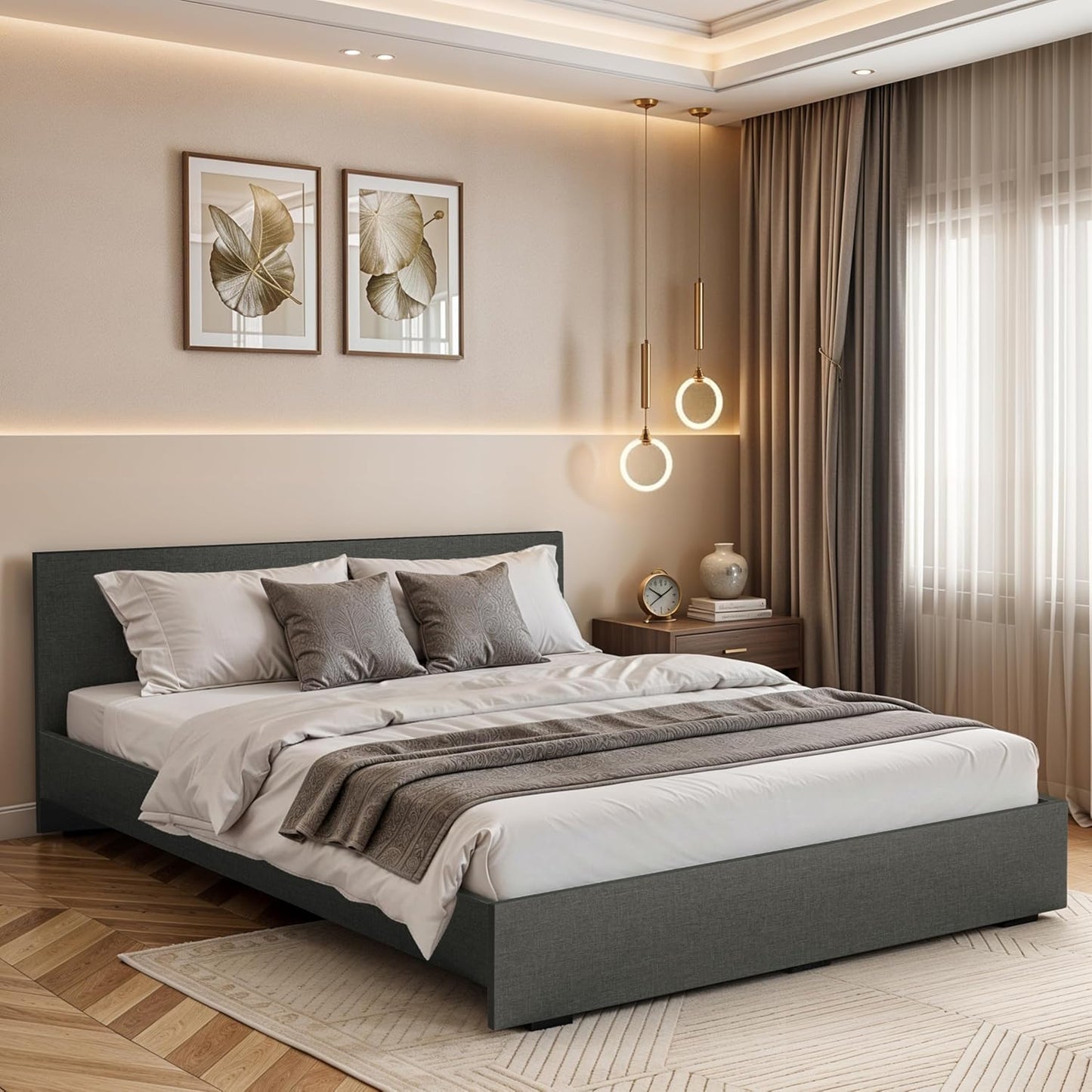 ABOUT SPACE Bed - (80 x 74 inches) King Size Bed with Storage Box, Headboard| Engineered Wooden Bed Frame with Airflow Design MDF Base Panel| 1-Year Warranty Cot for Bedroom - Brila Weave (Linen Grey)