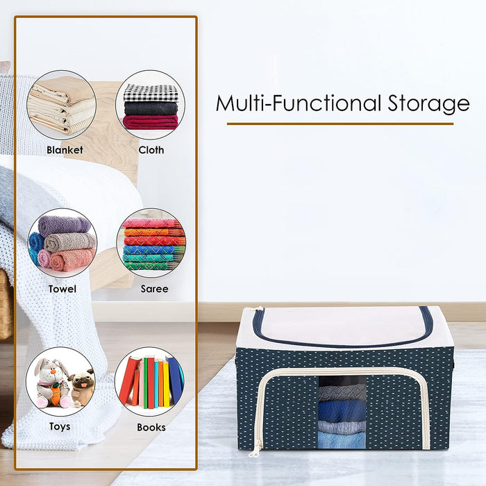 ABOUT SPACE 2 Pack Cloth Storage Box 24 Ltr - Oxford Fabric Clothes Foldable Organiser for Wardrobe with Clear Window - 2 Way Opening Closet Organizer with Handles - Saree Covers/Bags with Zip (Blue)