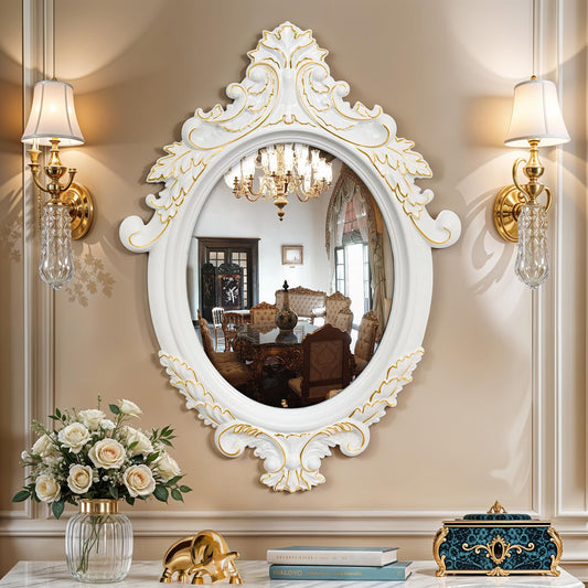 ABOUT SPACE Antique Wall Mirror - MDF Frame Mirror for Bathroom Wall with Ornate Design Oval Shape Vintage Wall Mount Decor for Bathroom, Bedroom, Vanity, Foyer (White, Gold - H 64 x W 46 cm)