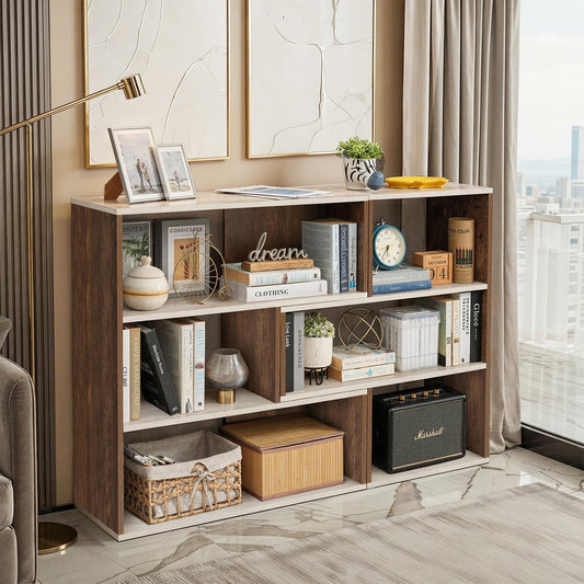 ABOUT SPACE Book Shelf for Home Library-Rectangle/L-Shaped Rack for Storage 2 Ways 6 Compartment Book Stand Shelf for Bedroom, Livingroom Decor, Plants and Books (Oak White&Walnut-L128 x B30 x H85 cm)