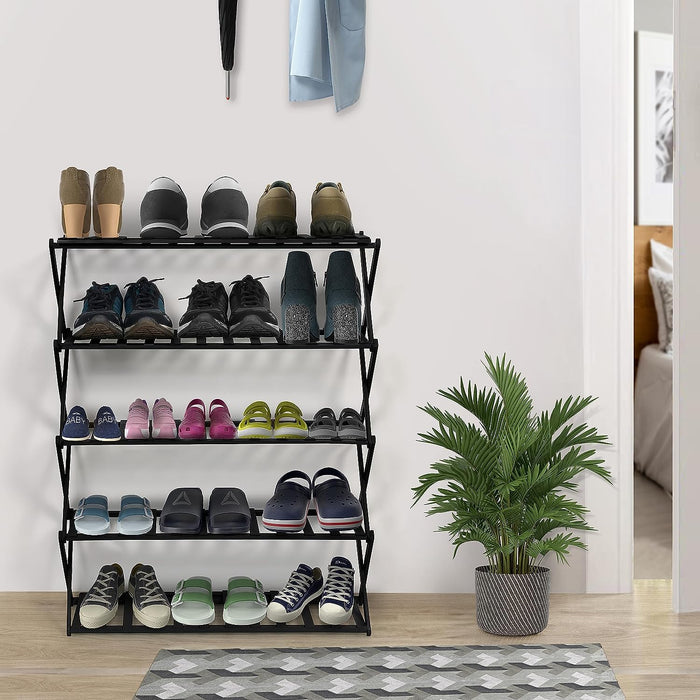 ABOUT SPACE 5 Tier Foldable Shoe Rack for Home - 3 Feet Multipurpose Bamboo Shoe Stand - Space Saving Collapsible Footwear Stand for Indoor & Outdoor - Shoe/Chappal Storage Rack Organizer (Black)