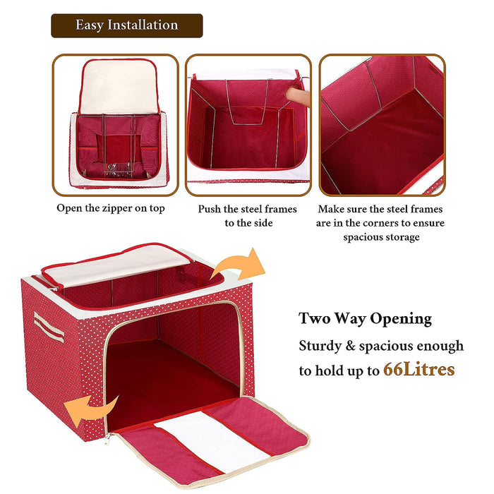 ABOUT SPACE 2 Pack Cloth Storage Box - 66 Litres Clothes Foldable Organiser for Wardrobe with Transparent Window - 2 Way Opening Closet Organizer with Handles - Saree Covers/Bags with Zip (Red)