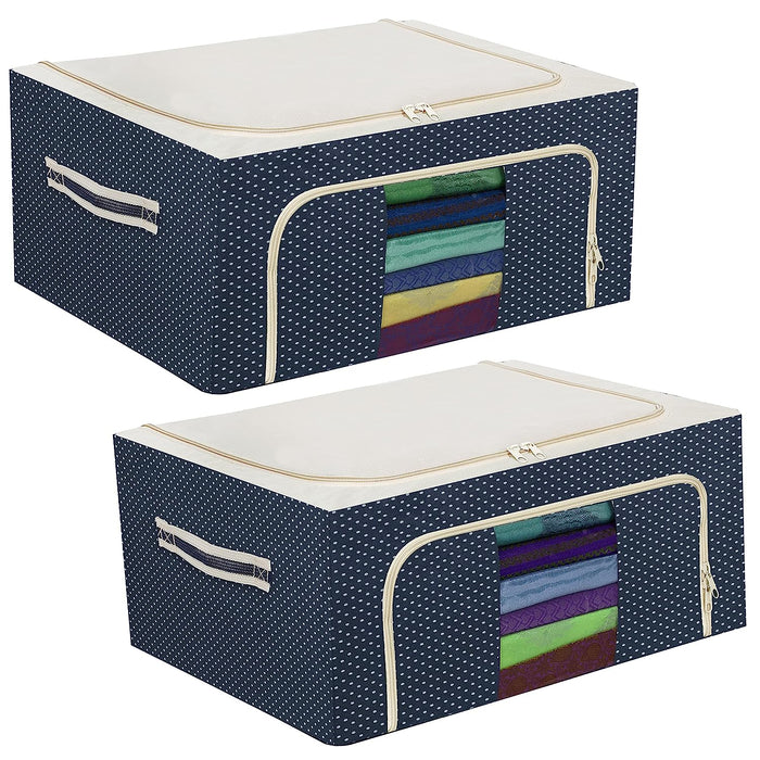ABOUT SPACE 2 Pack Cloth Storage Box 44 Ltr - Oxford Fabric Clothes Foldable Organiser for Wardrobe with Clear Window - 2 Way Opening Closet Organizer with Handles - Saree Covers/Bags with Zip (Blue)