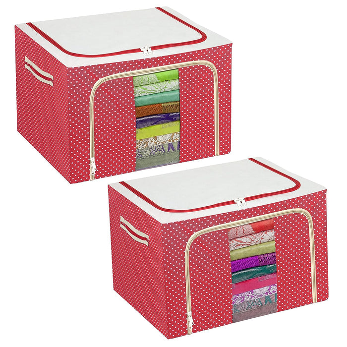 ABOUT SPACE 2 Pack Cloth Storage Box - 66 Litres Clothes Foldable Organiser for Wardrobe with Transparent Window - 2 Way Opening Closet Organizer with Handles - Saree Covers/Bags with Zip (Red)