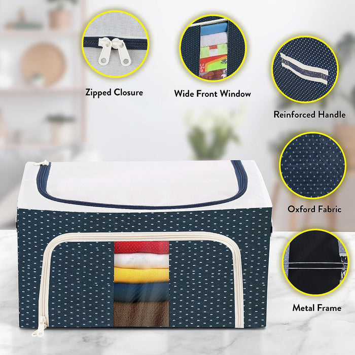 ABOUT SPACE 2 Pack Cloth Storage Box 44 Ltr - Oxford Fabric Clothes Foldable Organiser for Wardrobe with Clear Window - 2 Way Opening Closet Organizer with Handles - Saree Covers/Bags with Zip (Blue)