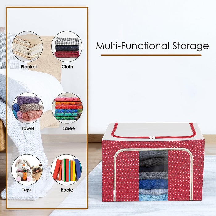 ABOUT SPACE 2 Pack Cloth Storage Box - 66 Litres Clothes Foldable Organiser for Wardrobe with Transparent Window - 2 Way Opening Closet Organizer with Handles - Saree Covers/Bags with Zip (Red)