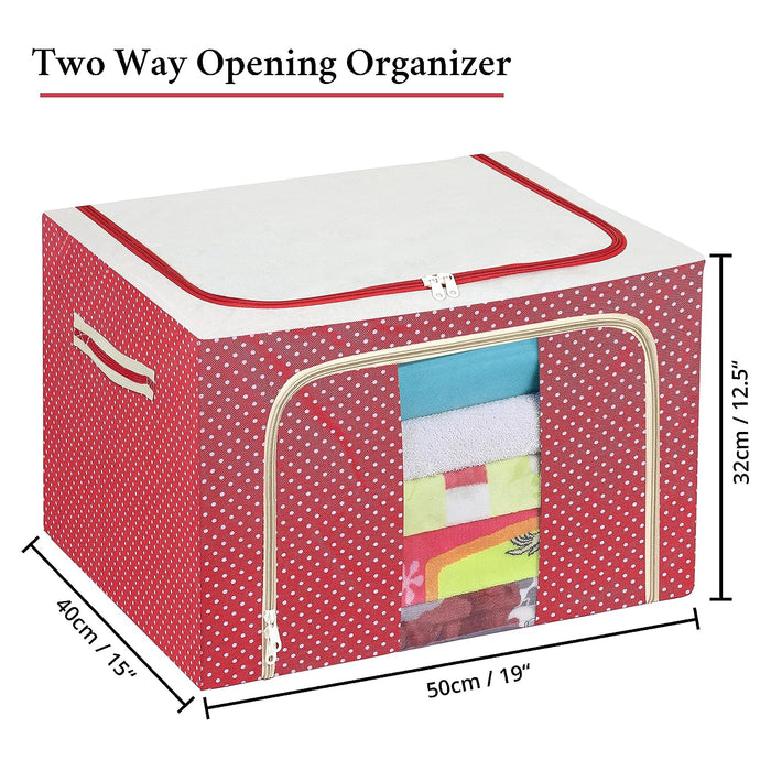 ABOUT SPACE 2 Pack Cloth Storage Box - 66 Litres Clothes Foldable Organiser for Wardrobe with Transparent Window - 2 Way Opening Closet Organizer with Handles - Saree Covers/Bags with Zip (Red)