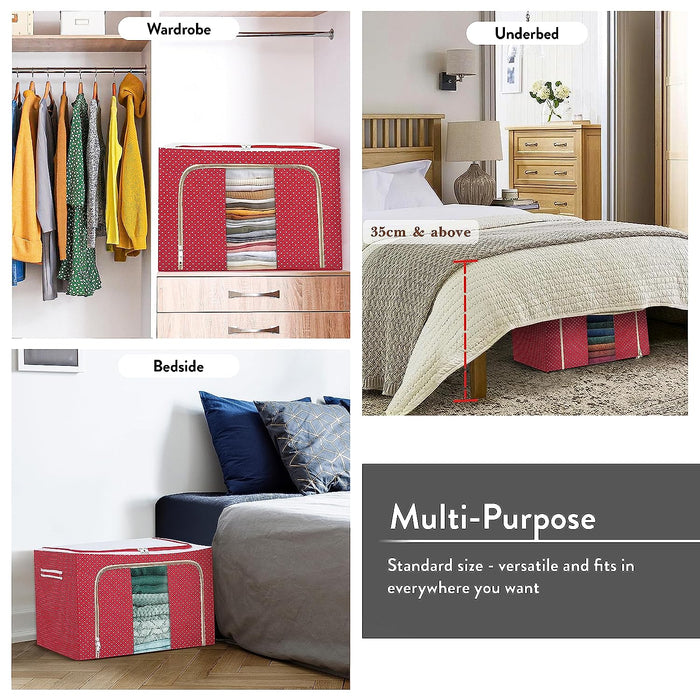 ABOUT SPACE 2 Pack Cloth Storage Box - 66 Litres Clothes Foldable Organiser for Wardrobe with Transparent Window - 2 Way Opening Closet Organizer with Handles - Saree Covers/Bags with Zip (Red)