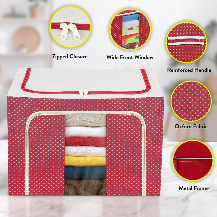 ABOUT SPACE 2 Pack Cloth Storage Box - 66 Litres Clothes Foldable Organiser for Wardrobe with Transparent Window - 2 Way Opening Closet Organizer with Handles - Saree Covers/Bags with Zip (Red)