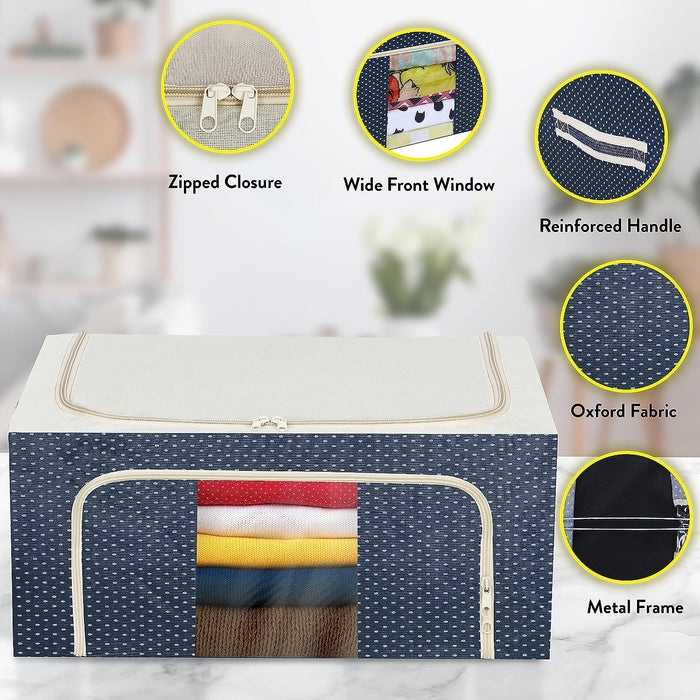 ABOUT SPACE 2 Pack Cloth Storage Box 24 Ltr - Oxford Fabric Clothes Foldable Organiser for Wardrobe with Clear Window - 2 Way Opening Closet Organizer with Handles - Saree Covers/Bags with Zip (Blue)