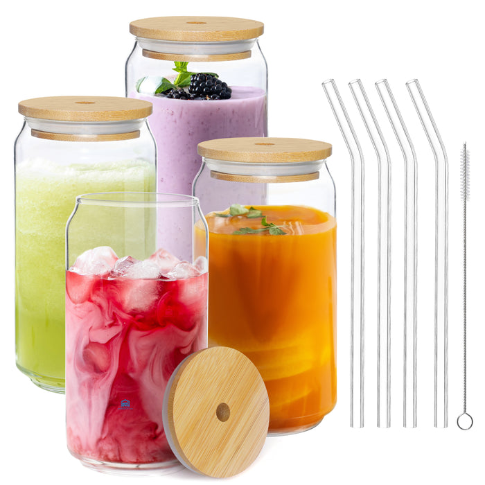 ABOUT SPACE Can Shaped Glass 550 ml - 4pcs Drinking Glass with Bamboo Lids,Sealing Ring,Glass Straw&Cleaning Brush-Temperature Resistant Glass Tumbler Cups for Beer,Coffee,Smoothie,Cocktail,Whiskey