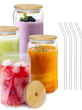 ABOUT SPACE Can Shaped Glass 350 ml - 4pcs Drinking Glass with Bamboo Lids,Sealing Ring,Glass Straw&Cleaning Brush
