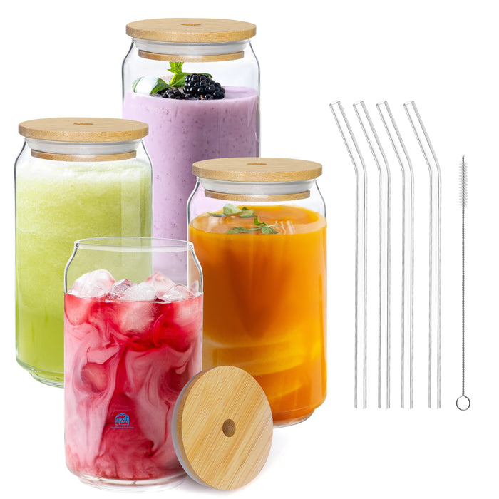 ABOUT SPACE Can Shaped Glass 350 ml - 4pcs Drinking Glass with Bamboo Lids,Sealing Ring,Glass Straw&Cleaning Brush