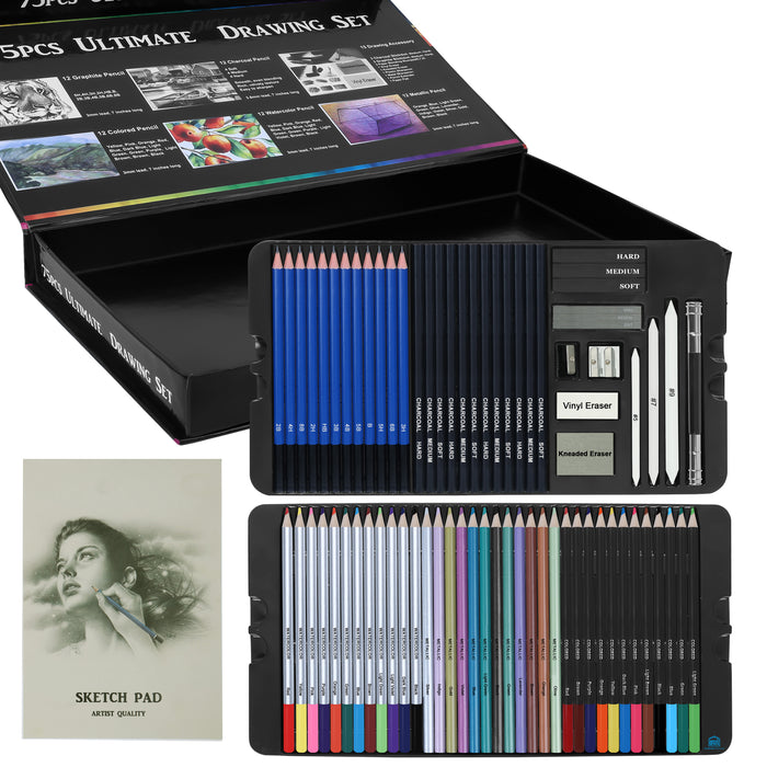 ABOUT SPACE Drawing Kit(75 Pcs) - Professional Graphite Water Colour Pencils Set with Sketch Book & Charcoal Metallic Sketching Kit for Artist - Art & Craft Supplies - Beginners Painting Coloring Set