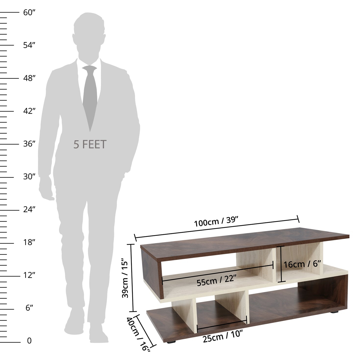 ABOUT SPACE Wooden Coffee Table - Tea Poyee Table with Storage (Walnut - L 100 x B 40 x H 39 cm)