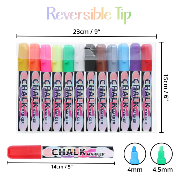 ABOUT SPACE Chalk Markers - 12 Colour Reversible Tip Round and Chisel Nib Water Based Ink, Dry Erase, Whiteboard Chalk Markers for Glass, Mirror, Porcelain, Plastic for Easy Colourful